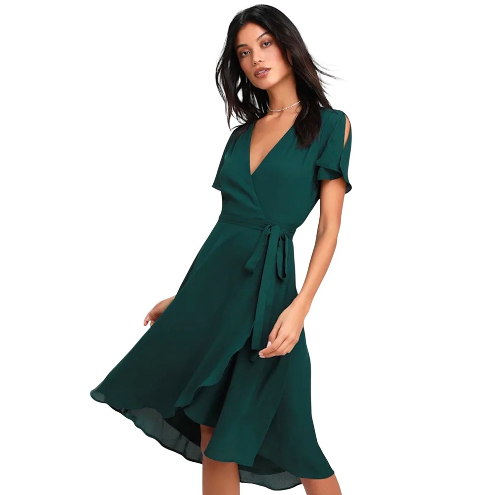 Lulus Midi Wrap Dress Womens XL Emerald Green Cold Shoulder High Low RD4324